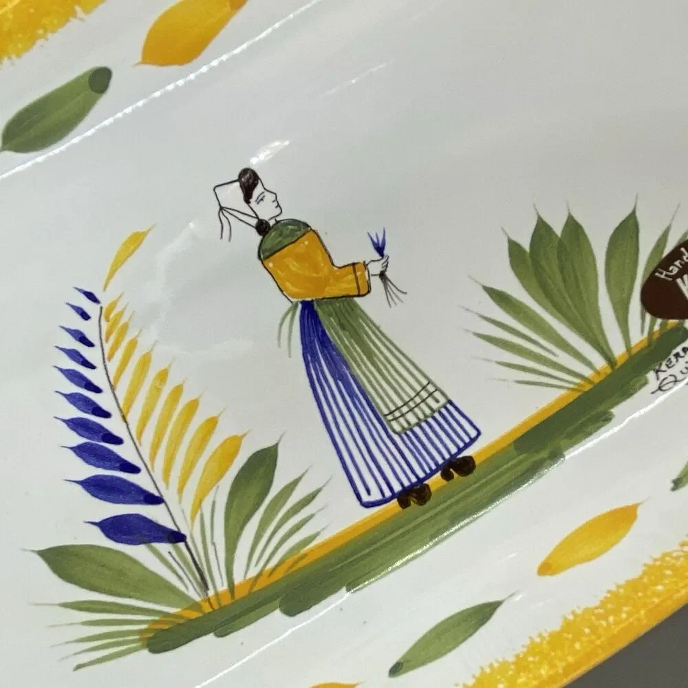 Vintage Keraluc Quimper France Hand Painted Faience Breton Dish Tray Yellow Trim